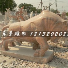 石雕牛，晚霞紅牛雕塑，晚霞紅石頭牛雕塑