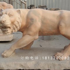 石雕老虎，公園晚霞紅老虎石雕