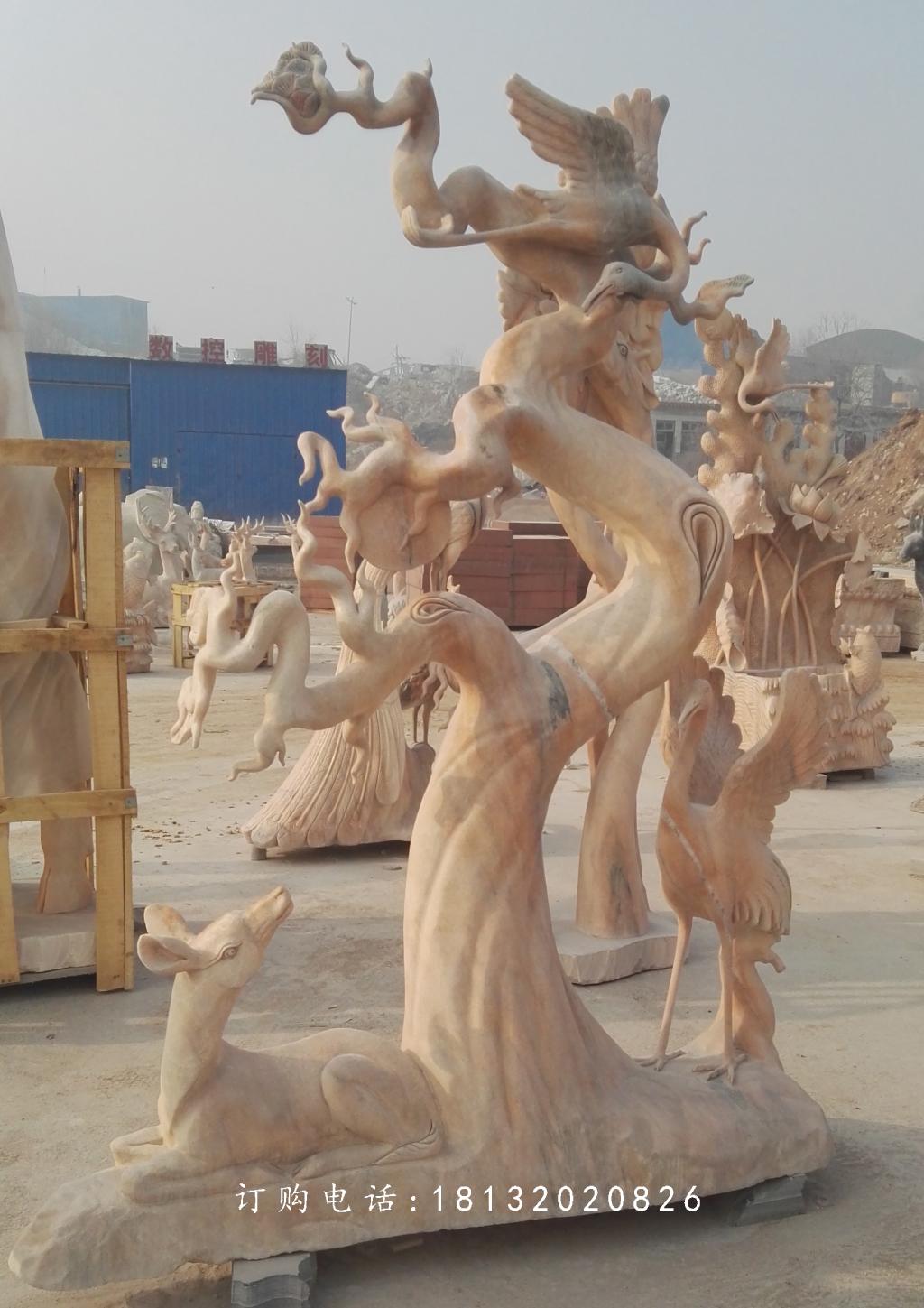 鶴鹿同春石雕，晚霞紅景觀石雕