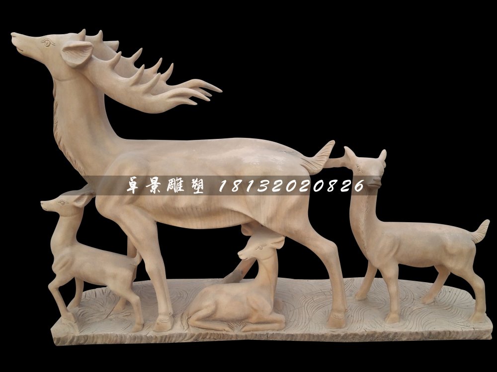 晚霞紅小鹿石雕，母子鹿石雕