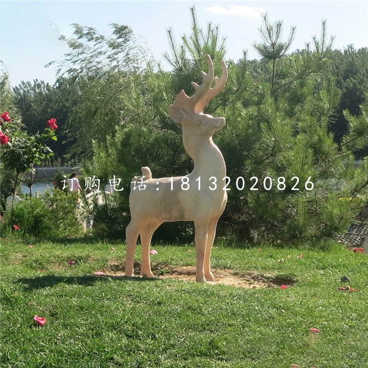 小鹿石雕，晚霞紅動物雕塑